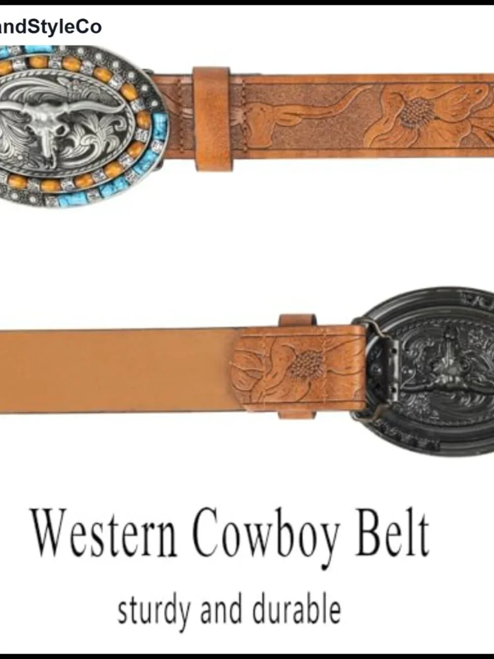 Faux Leather Oval Buckle Western Belt with Longhorn Detail